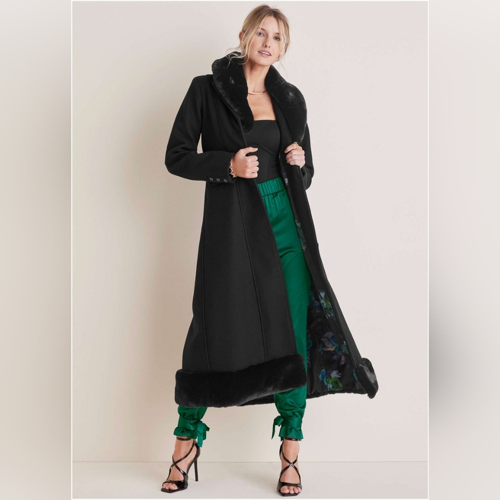 Faux-Fur Trim Long Coat Size S